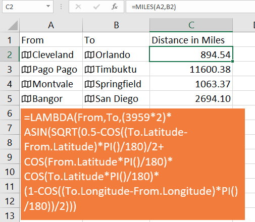 A2 содержит тип данных для Кливленда, Огайо. B2 — для Орландо, Флорида. Формула =MILES(A2,B2) возвращает расстояние между городами в милях. Формула, присвоенная имени MILES, вычисляет расстояние по широте и долготе.