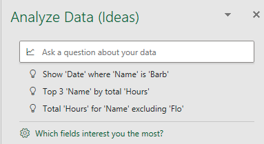 Панель Анализ данных с примерами вопросов в Excel
