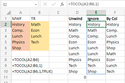 Три разные формулы, демонстрирующие работу TOCOL с диапазоном A2:B6. Первая формула возвращает все значения, включая ноль для пустой ячейки. Вторая игнорирует пустые ячейки. Третья меняет порядок чтения на по столбцам.
