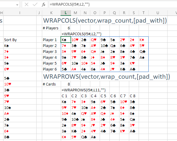 Отсортированный список карт находится в массиве I5#. Вы можете раздать их 6 игрокам, используя =WRAPCOLS(I5#,6,