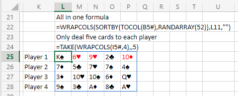 Чтобы убедиться, что каждый игрок получает только пять карт, используйте =TAKE(WRAPCOLS(I5#,4),,5).