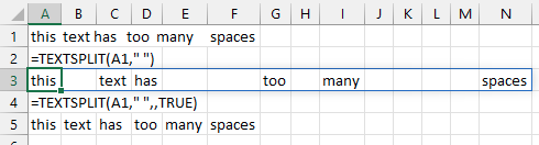 Четвёртый аргумент TEXTSPLIT — игнорировать пустые. Предложение с множеством пробелов между словами. Использование ИСТИНА для игнорирования пустых гарантирует, что в результате не будет пустых ячеек.