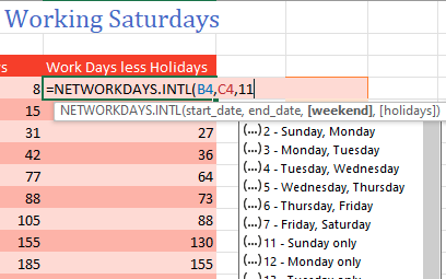 Диалоговое окно функции NETWORKDAYS.INTL с выбором различных комбинаций выходных дней.