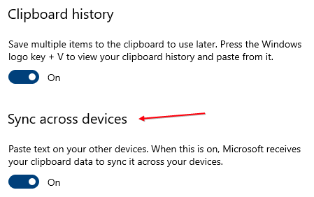Настройка синхронизации буфера обмена в параметрах Windows