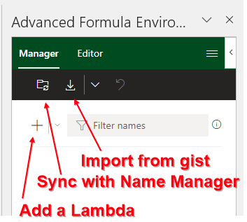 Кнопки Sync, Import и Add в панели Advanced Formula Environment.