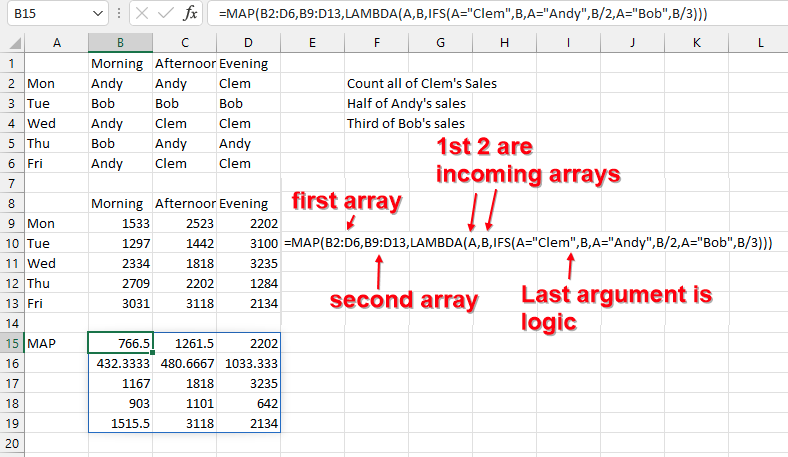 Пример формулы MAP с двумя входящими массивами и функцией IFS