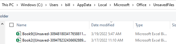 В папке C:\Users\bill\AppData\Roaming, затем Local\Microsoft\Office\UnsavedFiles показаны два несохраненных файла. Один от 19 марта в 5:47 утра, другой от 17 марта в 11:10 утра. В именах файлов указаны только Book9 и Book2, поэтому вам придется смотреть на размер файла и дату изменения, чтобы понять, какой из них содержит ваши данные. Или просто открывайте каждый, пока не найдете нужную книгу.