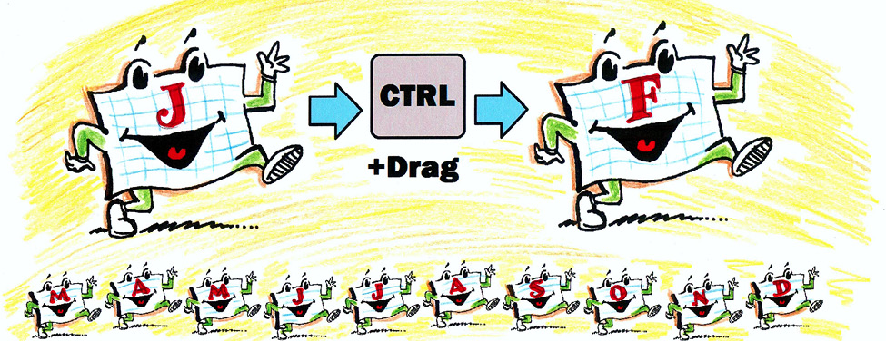 Карикатура: таблица J перетаскивается с Ctrl, чтобы создать таблицу F. Внизу маленькие карикатурные таблицы M, A, M, J, J, A, S, O, N, D танцуют на иллюстрации.