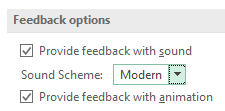 В Параметрах Excel, в разделе Специальные возможности, показаны опции: Использовать звуковые эффекты, Схема звуков (Классическая или Современная) и Использовать анимацию.