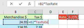 После именования диапазона любые новые формулы будут использовать именованный диапазон. Например, =B2*TaxRate. В этом случае TaxRate ведет себя как абсолютная ссылка.