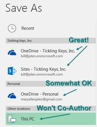 Если вы планируете совместную работу, сохраните файл в OneDrive для бизнеса или на сайте SharePoint Online. При сохранении в OneDrive - Personal вы теряете некоторые функции. Сохранение на Этот компьютер делает соавторство недоступным.