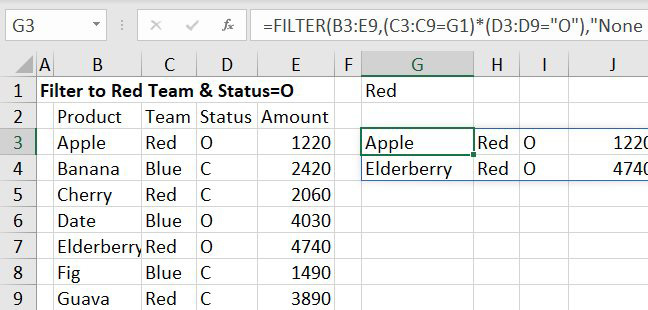Фильтрация по двум условиям: команда в G1 и статус 'O' в столбце D