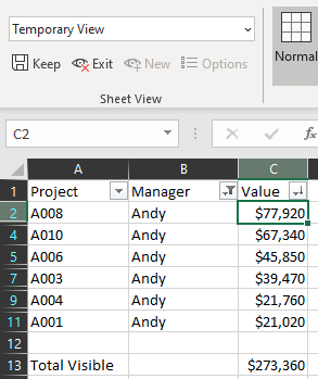 Изначально новое представление называется Временное представление. Есть значки для Сохранения или Выхода.