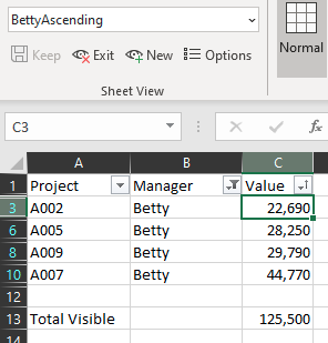 Это представление называется Betty Ascending. Оно отфильтровано только по записям, где менеджером является Бетти, и значения в столбце C отсортированы по возрастанию.