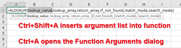 Введите =Функция( и нажмите Ctrl+Shift+A. Excel вставляет имена аргументов в формулу.