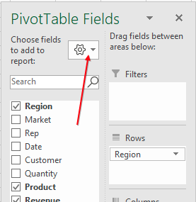 Значок шестеренки в области 'Поля сводной таблицы'. Откройте его, чтобы выбрать 'Поля и области рядом'.