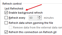 В панели управления обновлением доступны следующие параметры: Разрешить фоновое обновление. Обновлять каждые NN минут. Обновлять данные при открытии файла. Удалять данные из внешнего диапазона данных. Обновлять это подключение при обновлении всех.