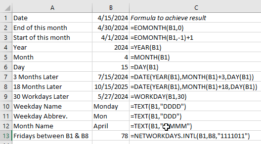 Примеры формул для работы с датой в ячейке B1