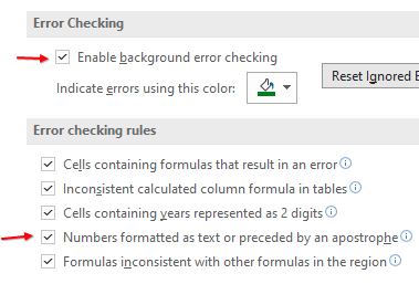 Настройки проверки ошибок в Excel: включение фоновой проверки и правила для чисел в текстовом формате.
