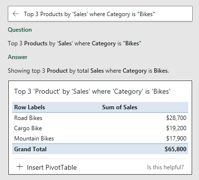 Результат запроса Топ-3 товара по продажам в Excel