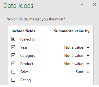 Настройка полей для анализа в панели Анализ данных