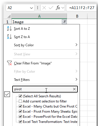 Альтернативный текст для каждого изображения появляется в выпадающем списке фильтра для столбца с картинками.