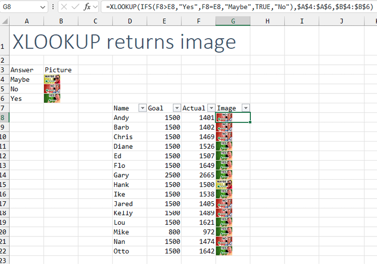 Формула XLOOKUP использует столбец с изображениями в качестве возвращаемого массива