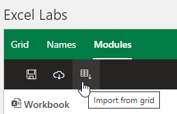 В верхней части панели Excel Labs выберите Modules. Во второй строке панели третья иконка — Import From Grid.