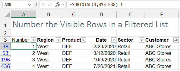 Цель — последовательно пронумеровать строки, видимые после применения фильтра. Добавьте новый столбец A с заголовком в строке 3 под названием 'Номер'. Первая видимая строка — 38. Формула в ячейке A38: =SUBTOTAL(3,B$3:B38)-1. Эта формула подсчитывает, сколько строк от заголовка в строке 3 до текущей строки видимы, и вычитает единицу, чтобы не учитывать заголовок.