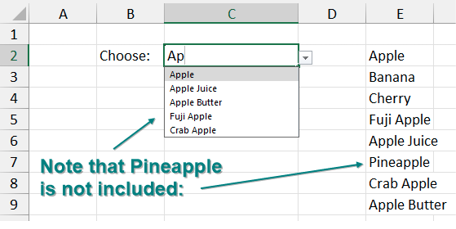 Когда вы начинаете вводить 'Ap', список ограничивается: Apple, Apple Juice, Apple Butter, Fuji Apple и Crab Apple. Однако Pineapple не включается в список, так как 'ap' находится в середине слова pineapple.
