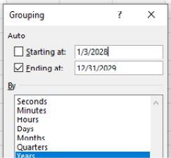 Диалоговое окно группировки с выбором элементов: Секунды, Минуты, Часы, Дни, Месяцы, Кварталы, Годы.
