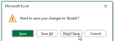 Диалоговое окно спрашивает, хотите ли вы сохранить изменения в Book6. Варианты: Сохранить, Сохранить все, Не сохранять, Отмена. Обратите внимание, что варианта 'Не сохранять все' нет.