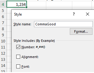 После выбора Создать стиль ячейки появляется диалоговое окно Стиль. Дайте стилю имя, например, CommaGood. В разделе Стиль включает (на примере) выберите только формат Число.