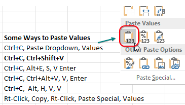 Список способов вставки значений, включая Ctrl+C, Ctrl+Shift+V, Alt+E, S, V, Enter и другие.