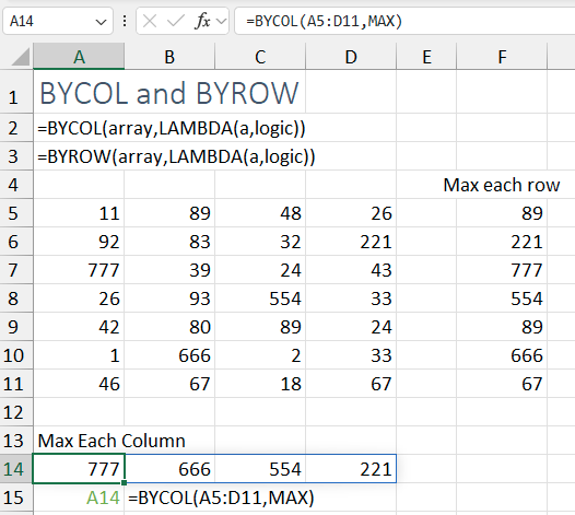 Пример использования BYCOL и BYROW для поиска максимума по столбцам и строкам