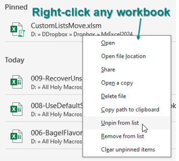 Щёлкните правой кнопкой мыши по книге, и вы можете выбрать: Открепить из списка, Удалить из списка или Очистить незакреплённые элементы.