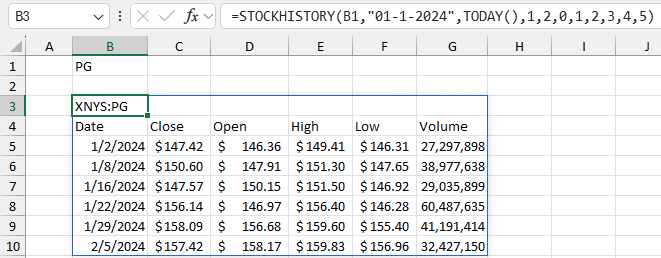 Результат формулы STOCKHISTORY с еженедельным интервалом и отображением всех шести свойств по порядку.