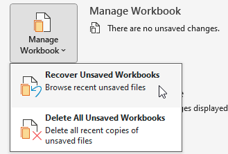 В меню 'Файл', 'Сведения' откройте меню 'Управление книгой', чтобы увидеть пункт 'Восстановить несохраненные книги'.