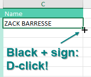 Выделена ячейка с формулой. Зелёный контур — указатель ячейки. В правом нижнем углу — точка маркера заполнения. При наведении курсор меняется на чёрный крест — это место для двойного клика.