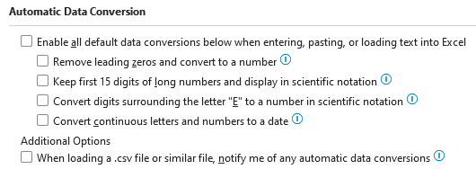 Настройки автоматического преобразования данных в Excel: удаление ведущих нулей, отображение длинных чисел в научной нотации, конвертация формата 'E' и строк в даты.