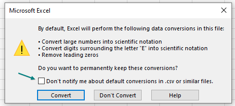 Диалоговое окно Excel с предупреждением о преобразовании данных при открытии CSV-файла.