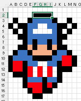Пиксель-арт Капитана Америки. Каждый столбец с A по O узкий, чтобы ячейка была квадратной. Используя диапазон A1:N17, различные ячейки залиты чёрным, красным, синим или персиковым цветом для создания пиксельного изображения Капитана Америки.