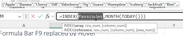 Длинная формула в строке формул. При выделении слова, например, Passcodes, над строкой появляется подсказка с результатом этой части формулы — массивом констант.