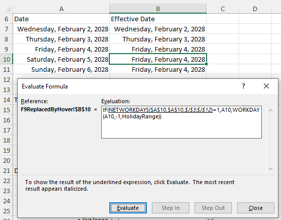 Та же формула в диалоговом окне «Вычислить формулу». Показан следующий фрагмент для расчета. Кнопки внизу: Вычислить, Шаг с заходом, Шаг с выходом, Закрыть.