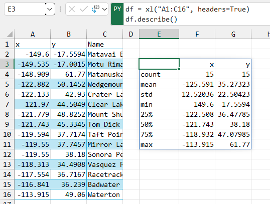 Формула в ячейке E3 состоит из двух строк в строке формул. Первая строка: df = xl(