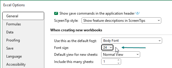 Раздел 'Общие' в параметрах Excel. Настройка 'Размер шрифта при создании новых книг' выделена. В примере установлено значение 24.