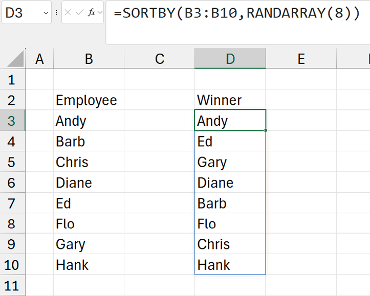 Алфавитный список сотрудников в B3:B10. Они сортируются случайным образом с помощью =SORTBY(B3:B10,RANDARRAY(8)).