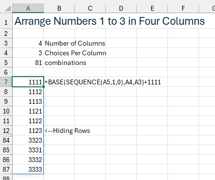 Формула генерирует все 81 возможную комбинацию в одном столбце.