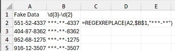 В столбце A — поддельные номера социального страхования. Код Regex в B1 ищет \d{3}-\d{2} (3 цифры, тире, 2 цифры). Формула в B2:B5: =REGEXREPLACE(A2,$B$1,'***-**'). Результат — частично скрытый номер, например, ***-**-4337.