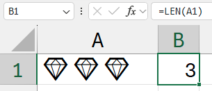 Ячейка A1 содержит три эмодзи. Функция LEN(A1) в ячейке B1 теперь корректно возвращает 3.